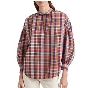 Lauren Ralph Lauren Cotton Madras Tie-Neck Blouse New Size Medium